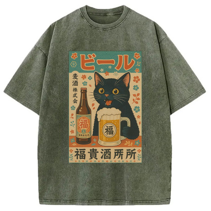 Tokyocanvas Japanese Black Cat Beer Washed T-Shirt