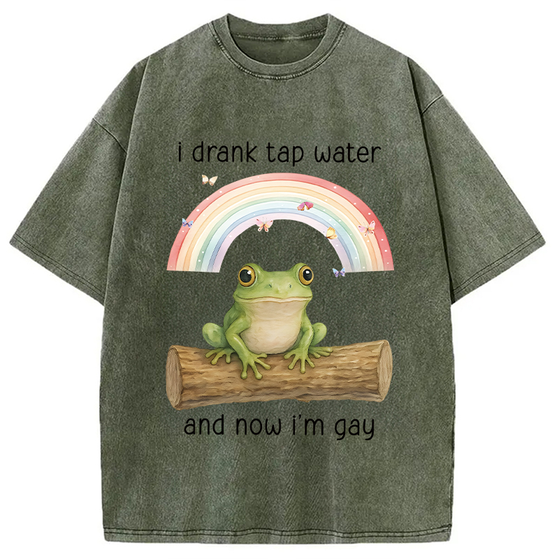 Tokyocanvas I Drank Tap Water Now I'm Gay Funny Frog Washed T-Shirt