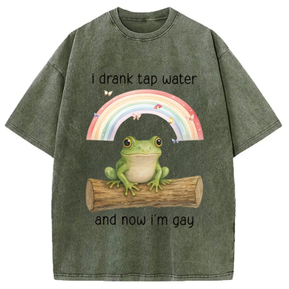 Tokyocanvas I Drank Tap Water Now I'm Gay Funny Frog Washed T-Shirt