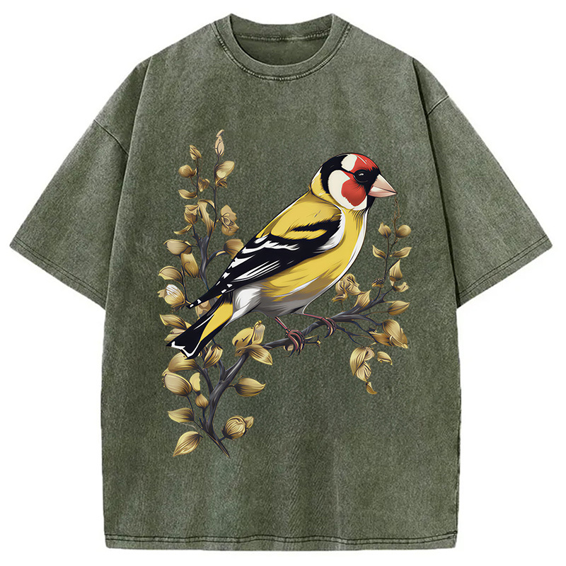 Tokyocanvas Goldfinch Bird Washed T-Shirt