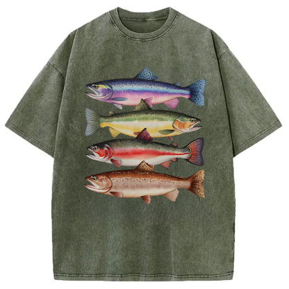 Tokyocanvas Colorful Rainbow Trout Fish Washed T-Shirt