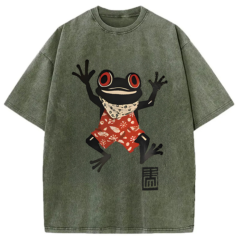 Tokyocanvas Japanese Happy Frog Ukiyoe Washed T-Shirt
