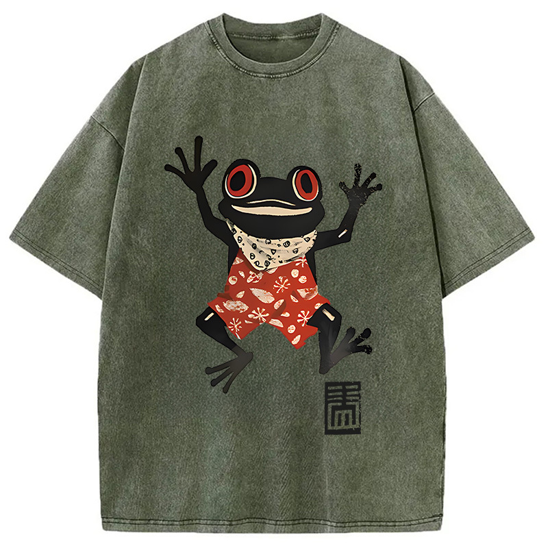 Tokyocanvas Japanese Happy Frog Ukiyoe Washed T-Shirt