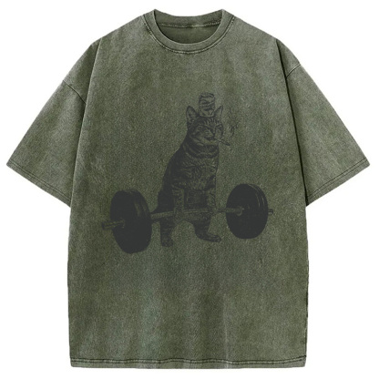 Tokyocanvas Funny Deadlift Cat Washed T-Shirt