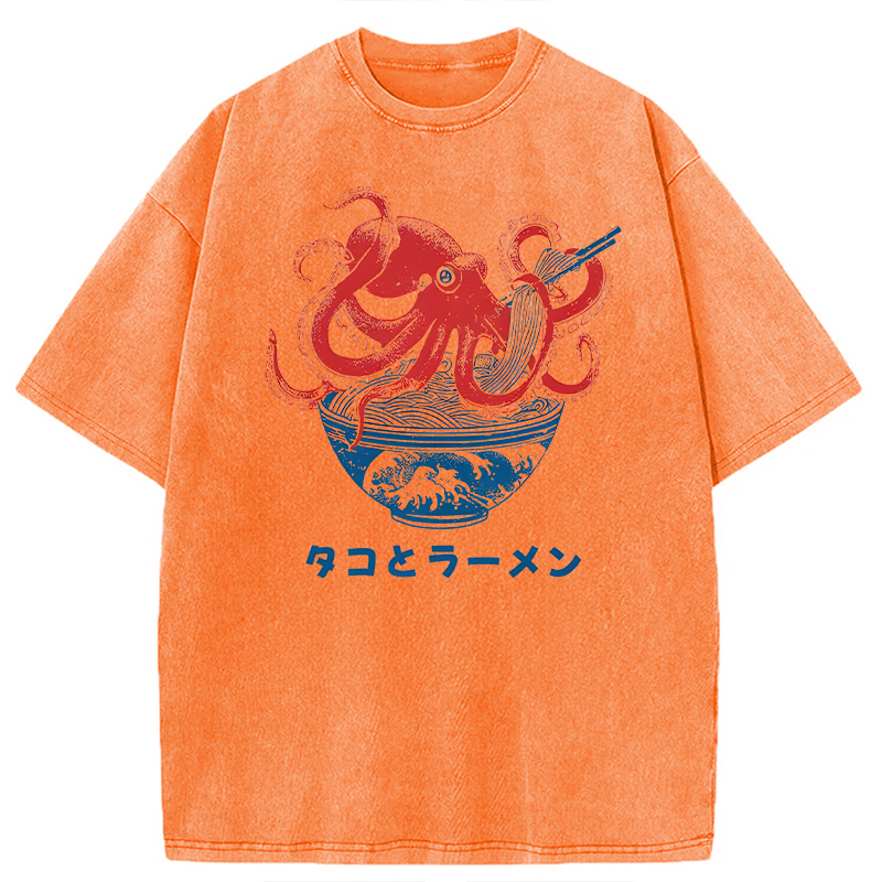 Tokyocanvas Octopus Eating Ramen Washed T-Shirt