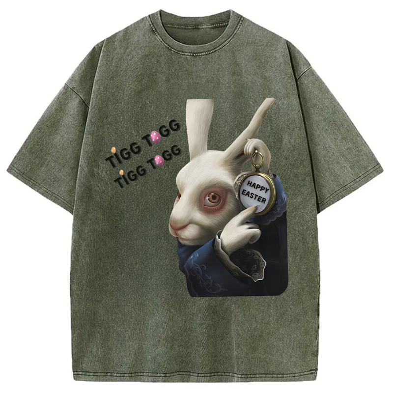 Tokyocanvas Tick Tock Funny Easter Bunny Washed T-Shirt