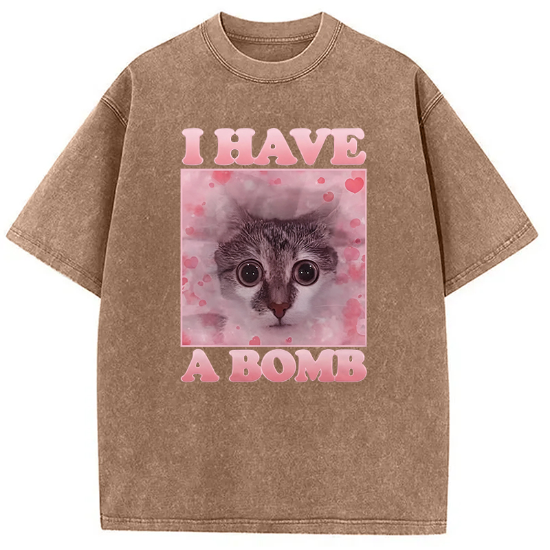 Tokyocanvas I Have a Bomb Funny Cat Dank Meme Washed T-Shirt