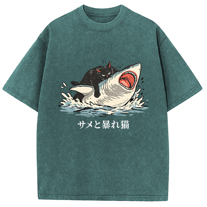 Tokyocanvas Fat Cat Vs Shark Washed T-Shirt