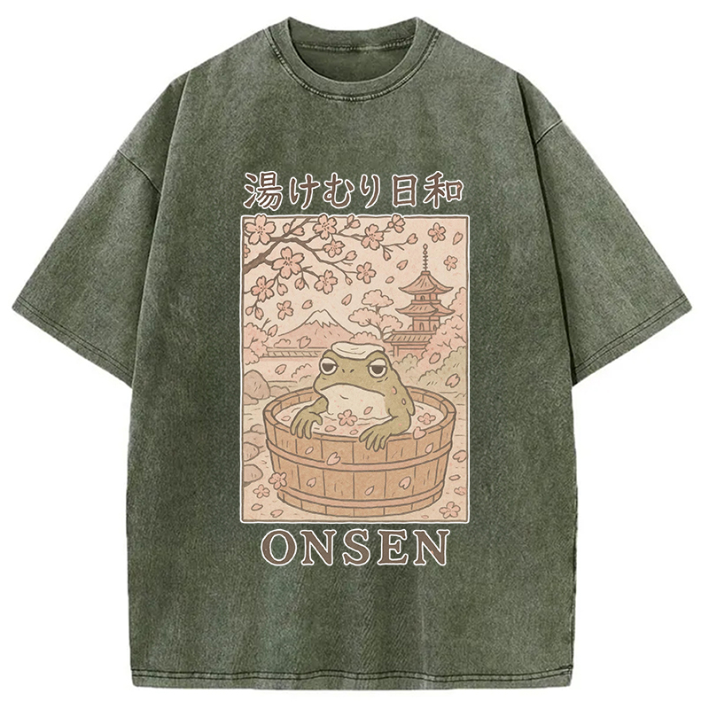 Tokyocanvas Onsen Frog Japanese Washed T-Shirt