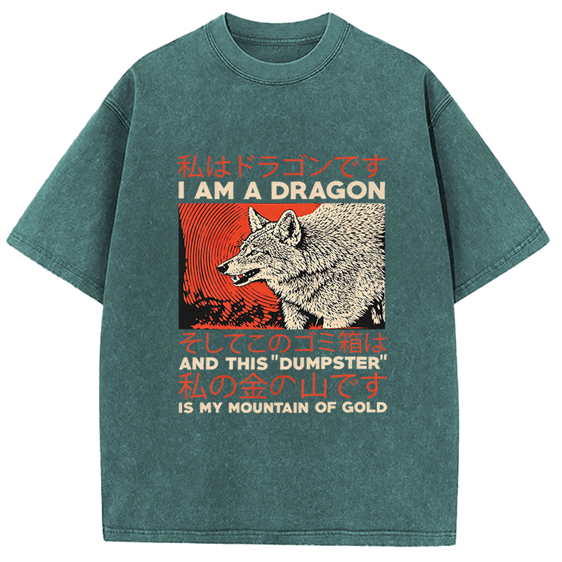 Tokyocanvas I Am A Dragon Coyote Raccoon Trash Graphic Washed T-Shirt