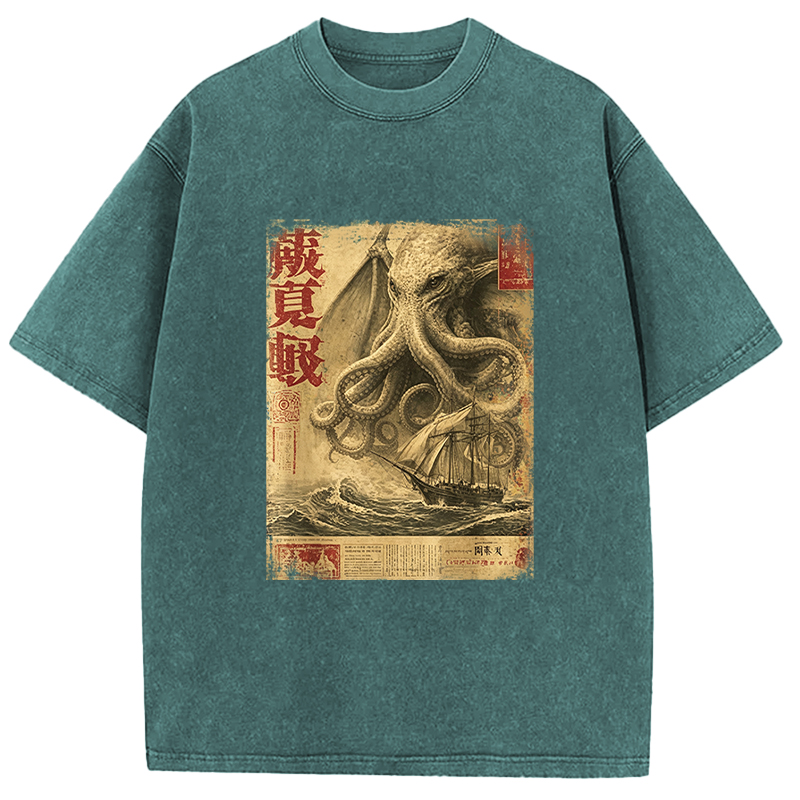 Tokyocanvas Cthulhu Kraken Vintage Japanese Sea Monster Newspaper Washed T-Shirt
