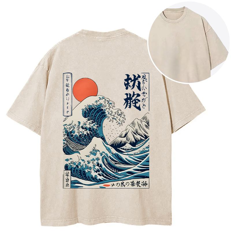 Tokyocanvas Ukiyo-e Ocean Waves Japan Back Washed T-Shirt