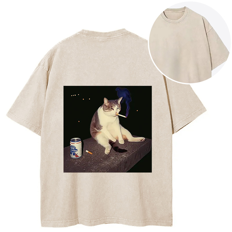 Tokyocanvas Cigarette Kitten Funny Smoking Cat Meme Back Washed T-Shirt