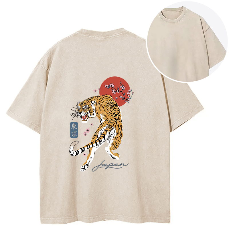 Tokyocanvas Tiger Blossom Japanese Sakura Back Washed T-Shirt