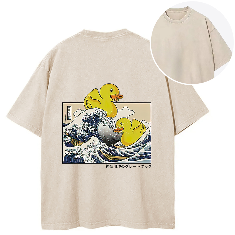 Tokyocanvas Ukiyoe Waves And Cute Yellow Duck Back Washed T-Shirt
