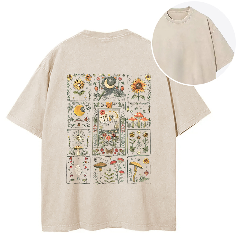 Tokyocanvas Frog Cottagecore Floral Whimsical Mushroom Back Washed T-Shirt