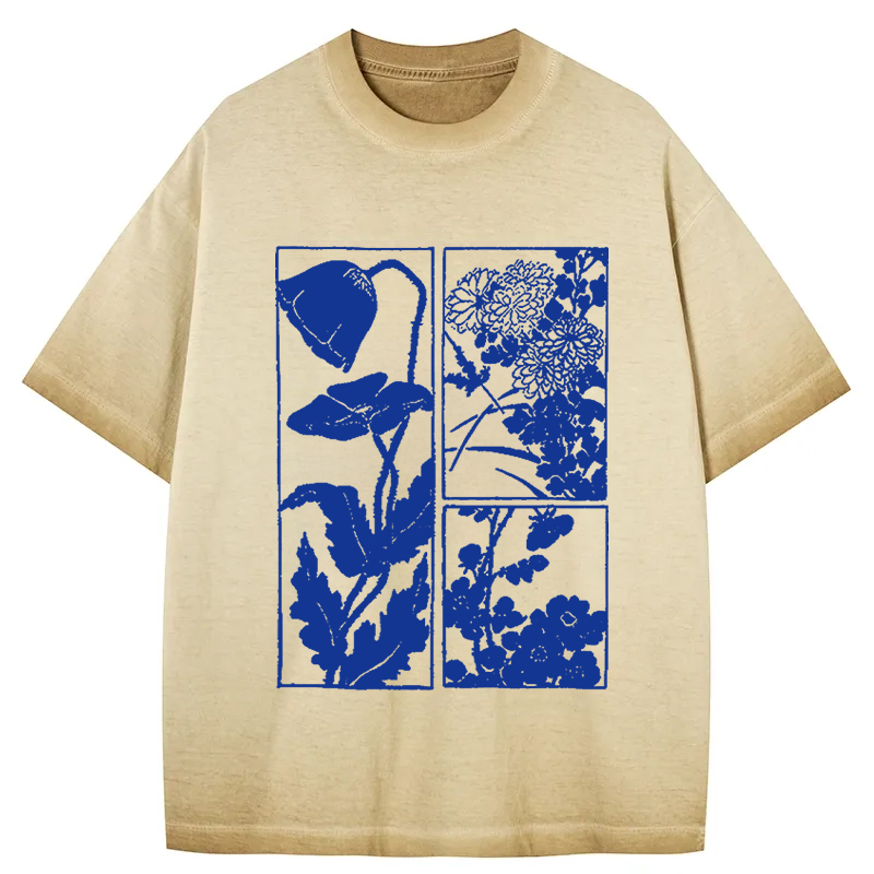 Tokyocanvas Woodcut Flowers Gradient Washed T-Shirt
