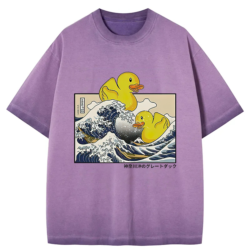 Tokyocanvas Ukiyoe Waves And Cute Yellow Duck Gradient Washed T-Shirt