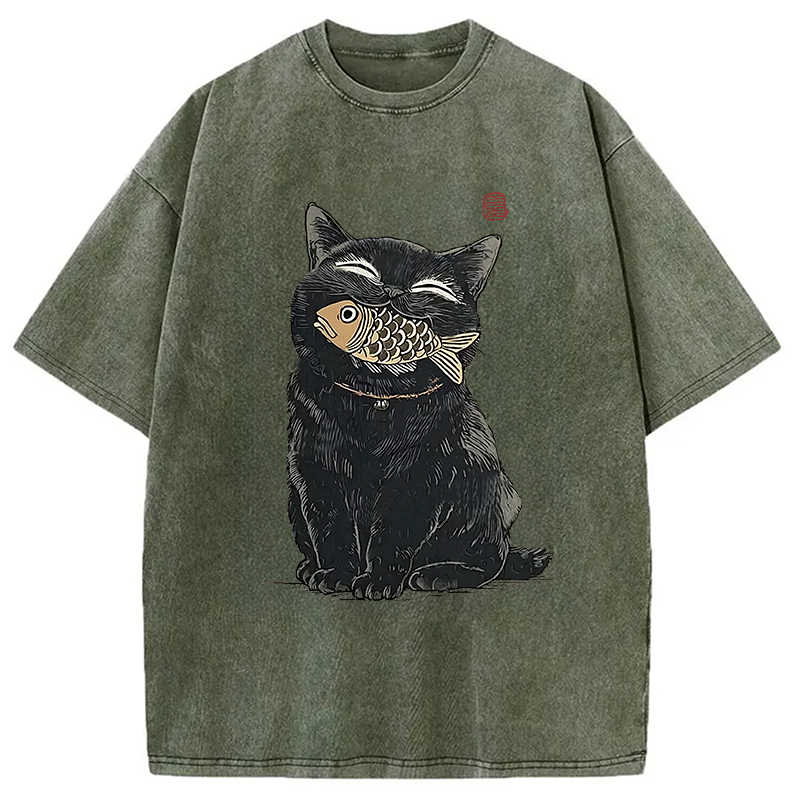 Tokyocanvas Happy Black Cat Washed T-Shirt