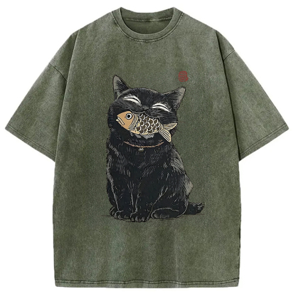 Tokyocanvas Happy Black Cat Washed T-Shirt