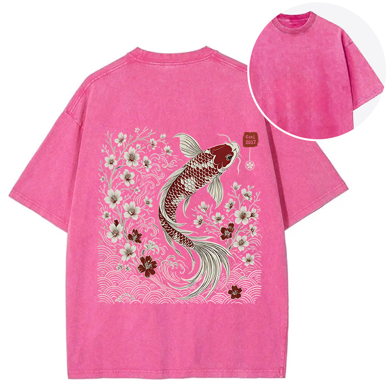 Tokyocanvas Vintage Sakura And Koi Back Washed T-Shirt