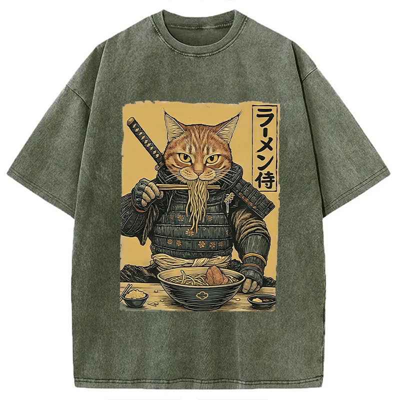 Tokyocanvas Cat General Eating Ramen Washed T-Shirt