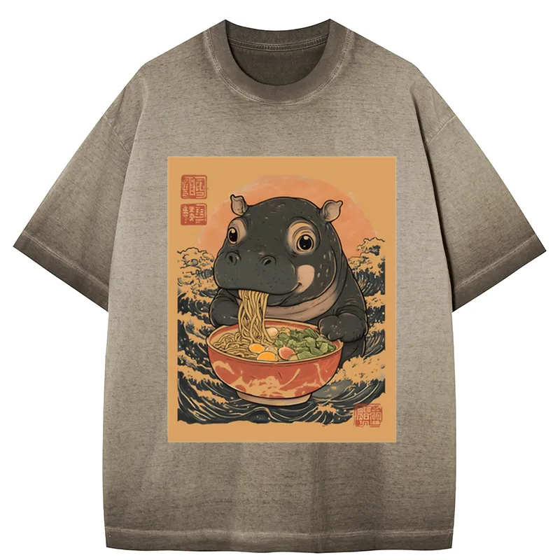 Tokyocanvas Moo Deng Eat Ramen Gradient Washed T-Shirt
