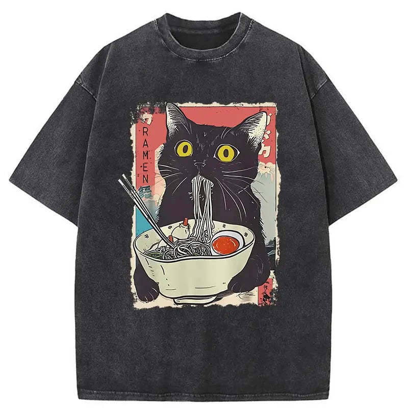 Tokyocanvas Cute Cat Eating Ramen Washed T-Shirt