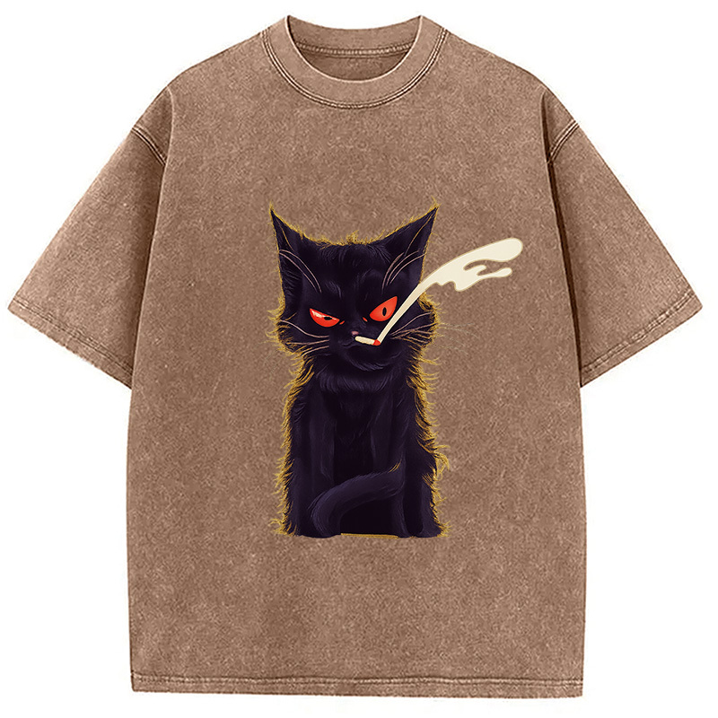 Tokyocanvas Funny Smoking Black Cat Face Washed T-Shirt