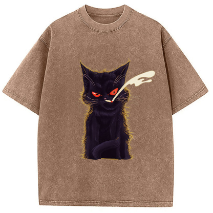 Tokyocanvas Funny Smoking Black Cat Face Washed T-Shirt