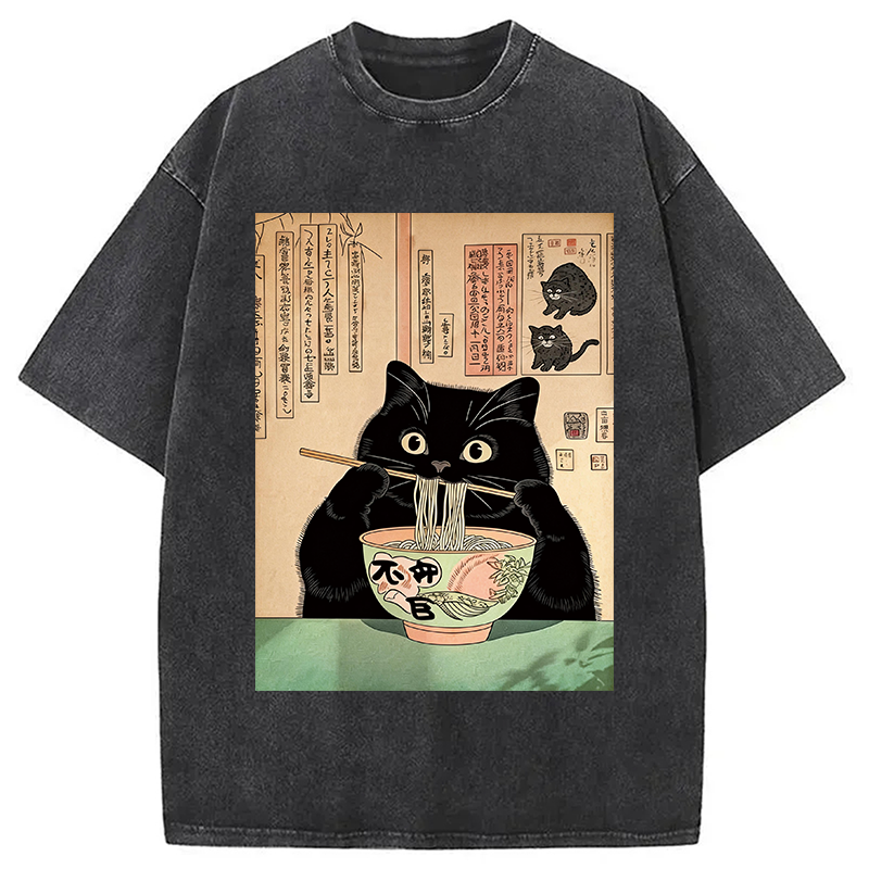 Tokyocanvas Black Cat Eating Noodles Washed T-Shirt