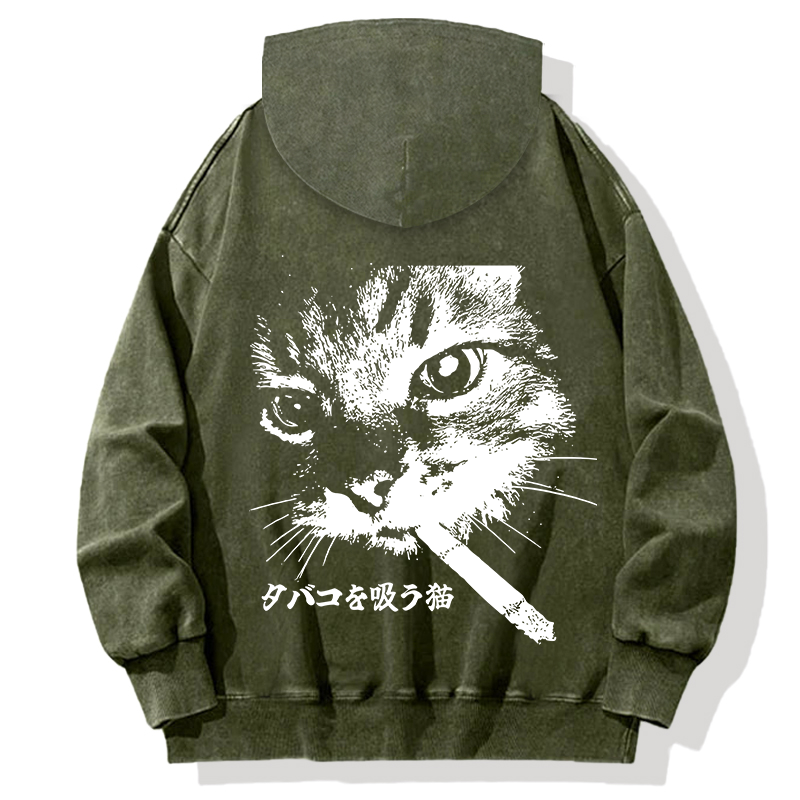 Tokyocanvas Retro Cat Smoking Back Washed Hoodie