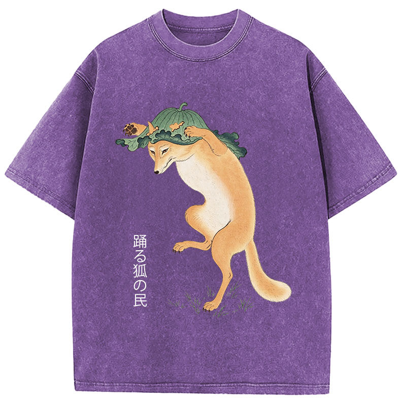 Tokyocanvas Dancing Fox Folk Woodblock Art Washed T-Shirt