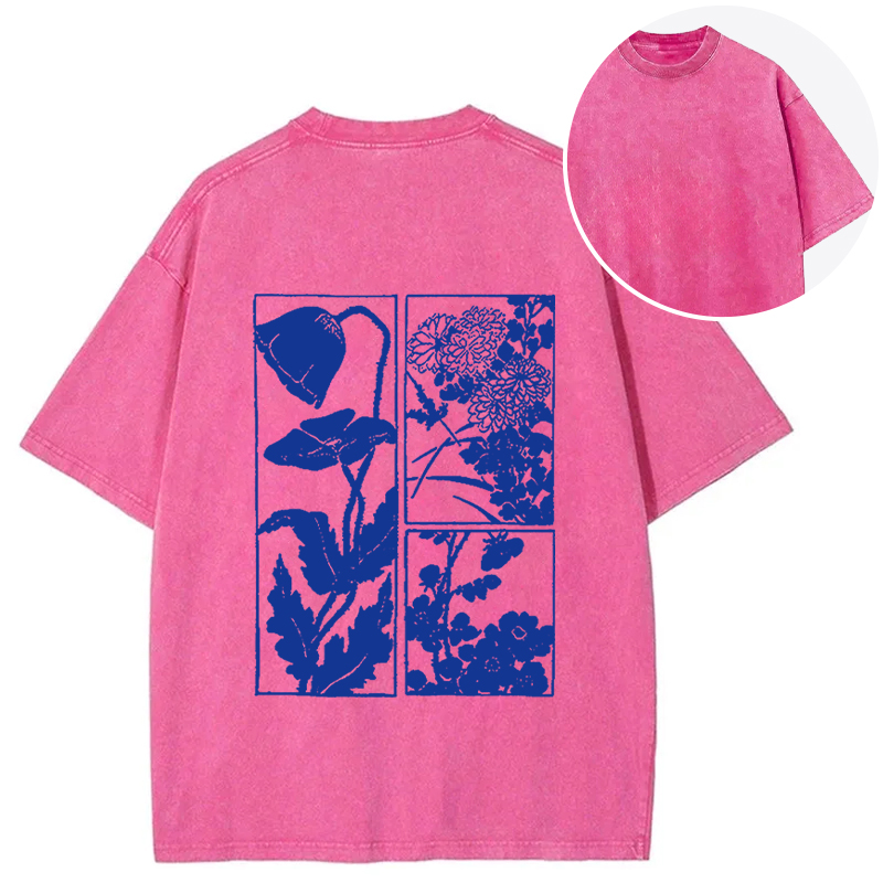Tokyocanvas Woodcut Flowers Back Washed T-Shirt