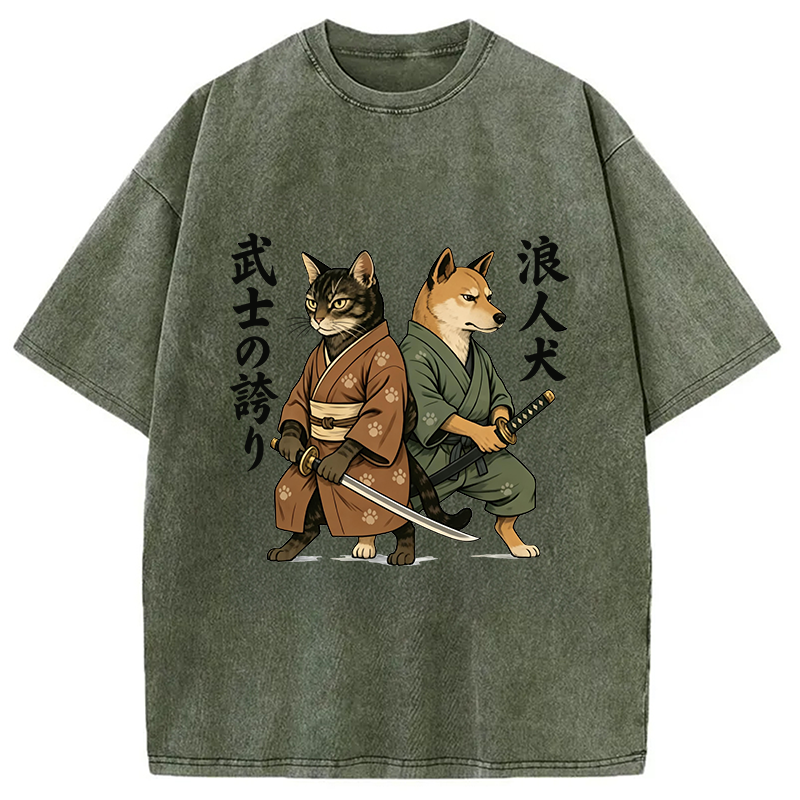 Tokyocanvas Samurai Cat vs Ronin Dog Washed T-Shirt