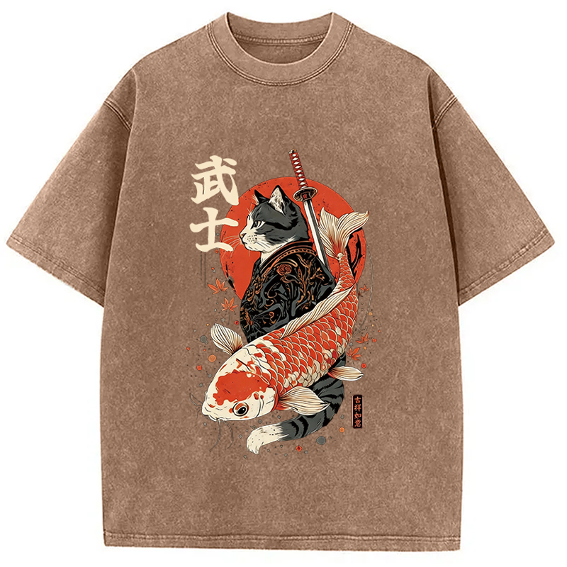 Tokyocanvas Samurai Cat And Koi Washed T-Shirt