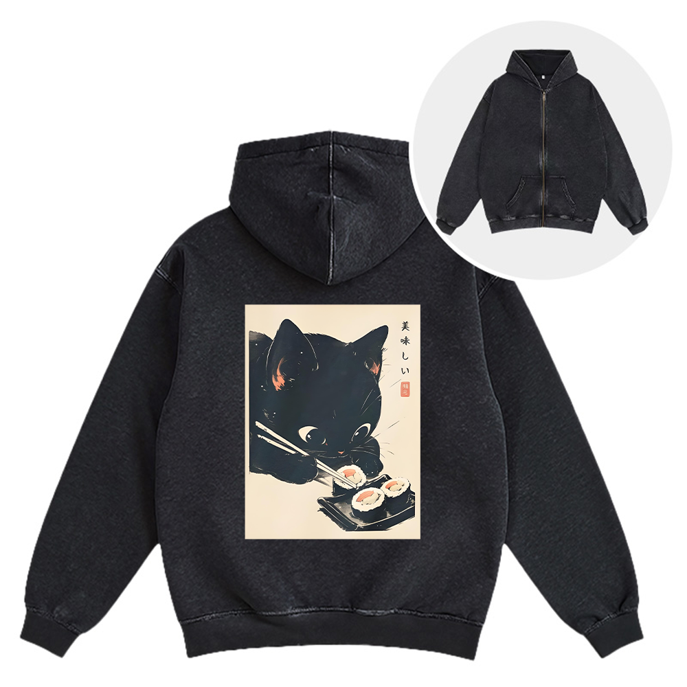 Tokyocanvas Sushi Black Cat Washed Zip Hoodie