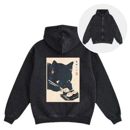 Tokyocanvas Sushi Black Cat Washed Zip Hoodie