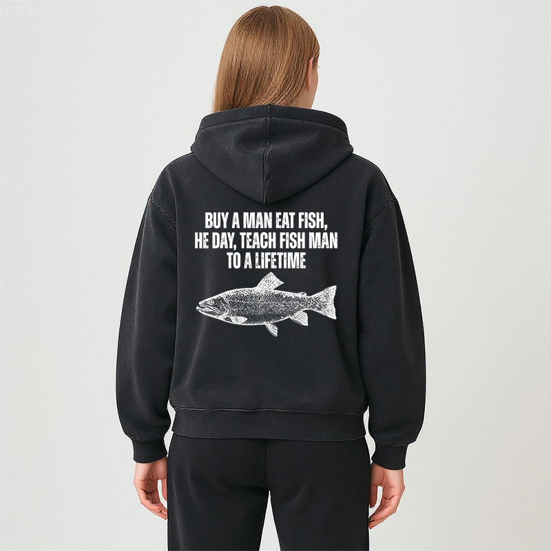 Tokyocanvas Buy a Man Eat Fish Funny Meme Washed Zip Hoodie