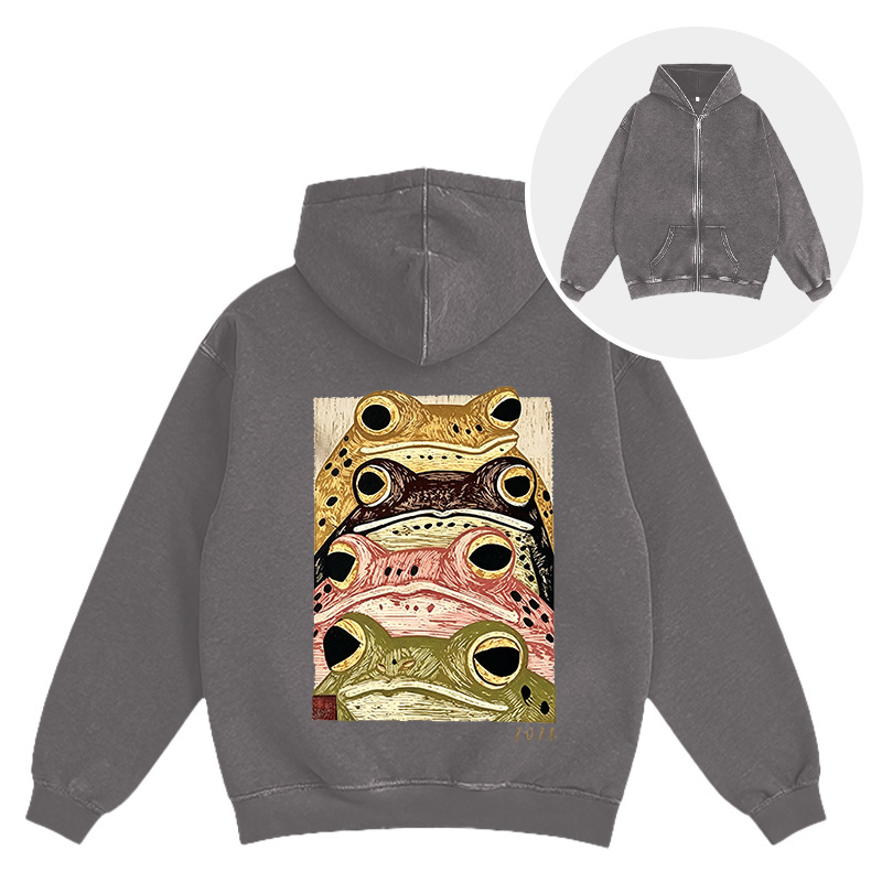 Tokyocanvas Whimsical Multi Colored Frog Art Washed Zip Hoodie