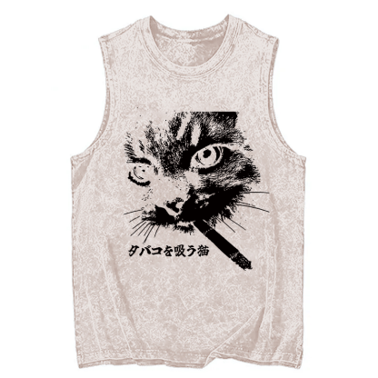 Tokyocanvas Retro Cat Smoking Washed Tank