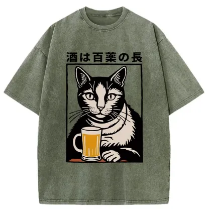 Tokyocanvas Cat And Beer Japanese Washed T-Shirt