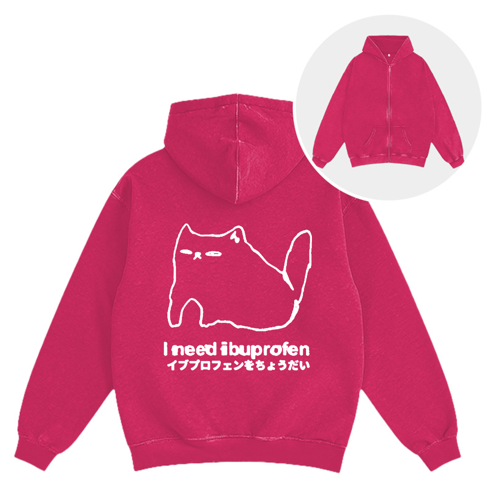 Tokyocanvas I Need Ibuprofen Cat Washed Zip Hoodie