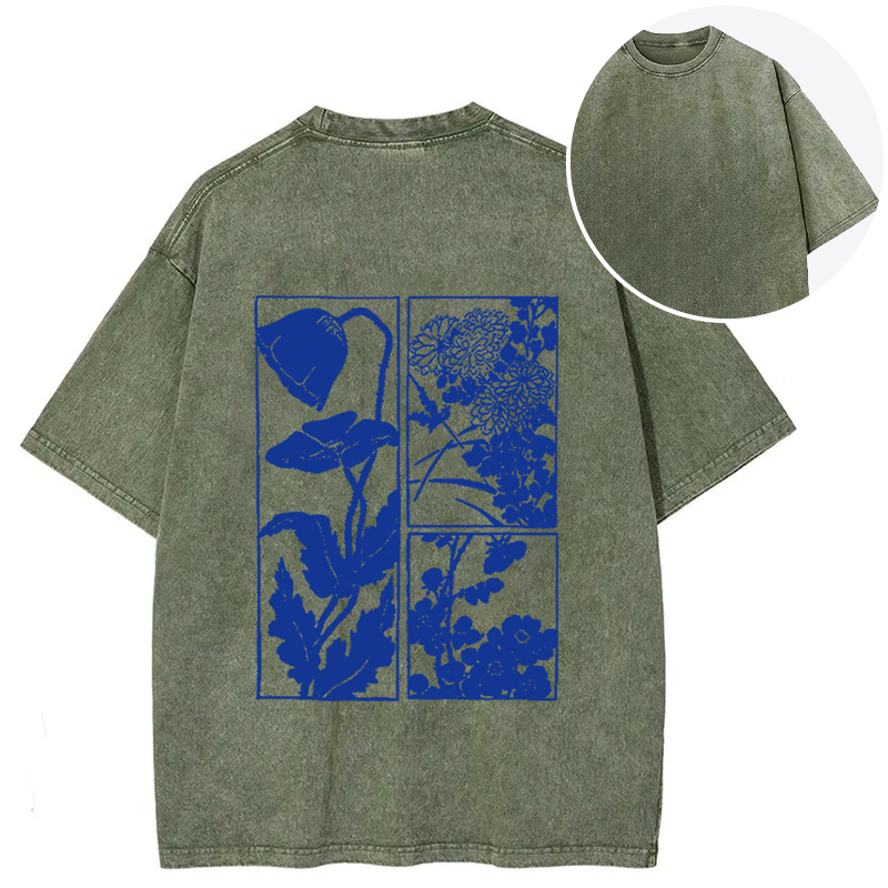 Tokyocanvas Woodcut Flowers Back Washed T-Shirt