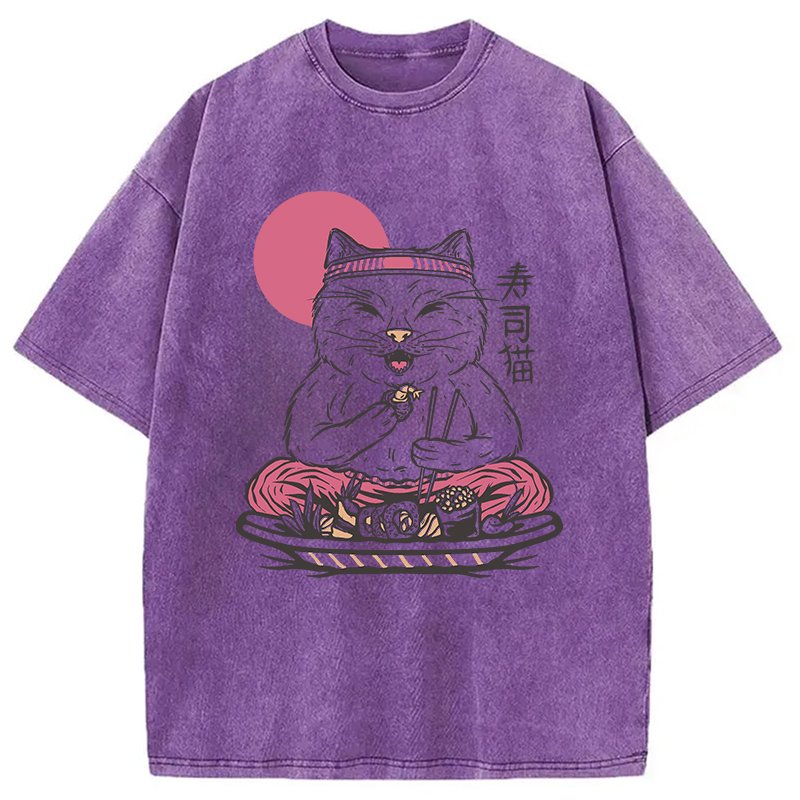 Tokyocanvas Cute Sushi Cat Eating Washed T-Shirt