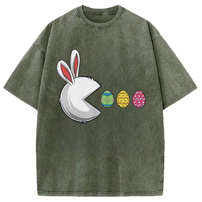 Tokyocanvas Funny Easter Bunny Egg Hunter Washed T-Shirt