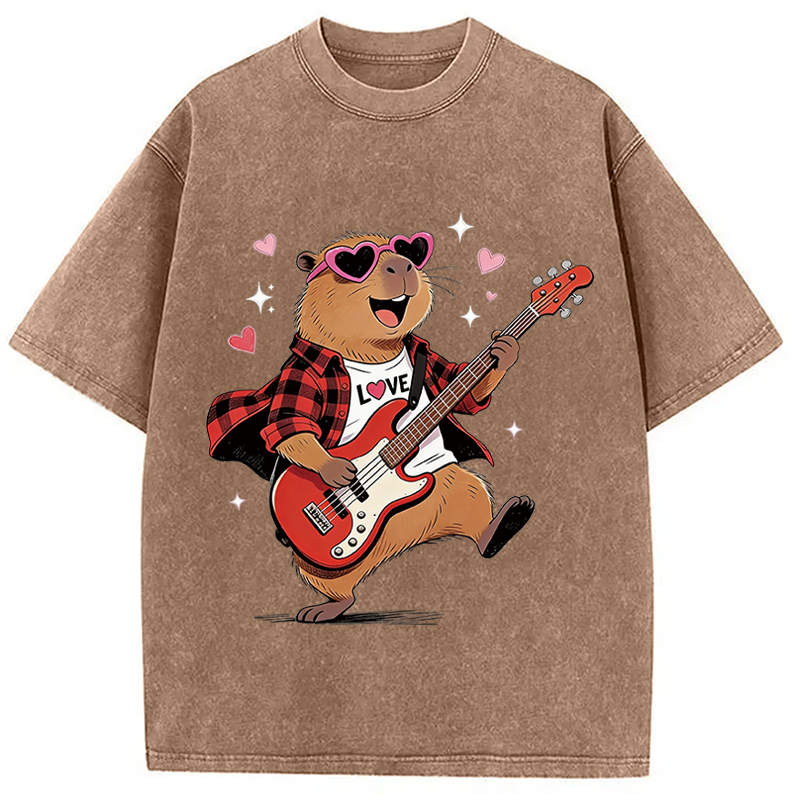 Tokyocanvas Cute Bear Guitar Valentine Washed T-Shirt