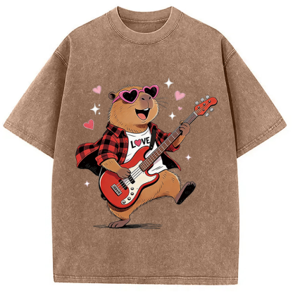 Tokyocanvas Cute Bear Guitar Valentine Washed T-Shirt