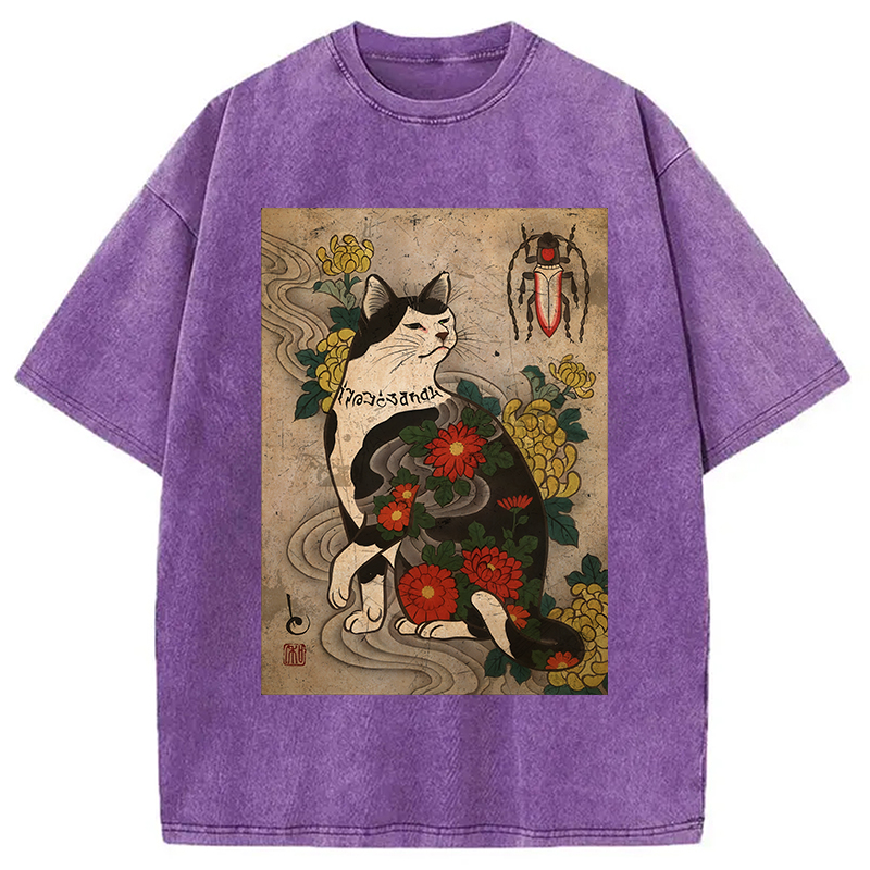 Tokyocanvas Cat Tattoo Floral Washed T-Shirt