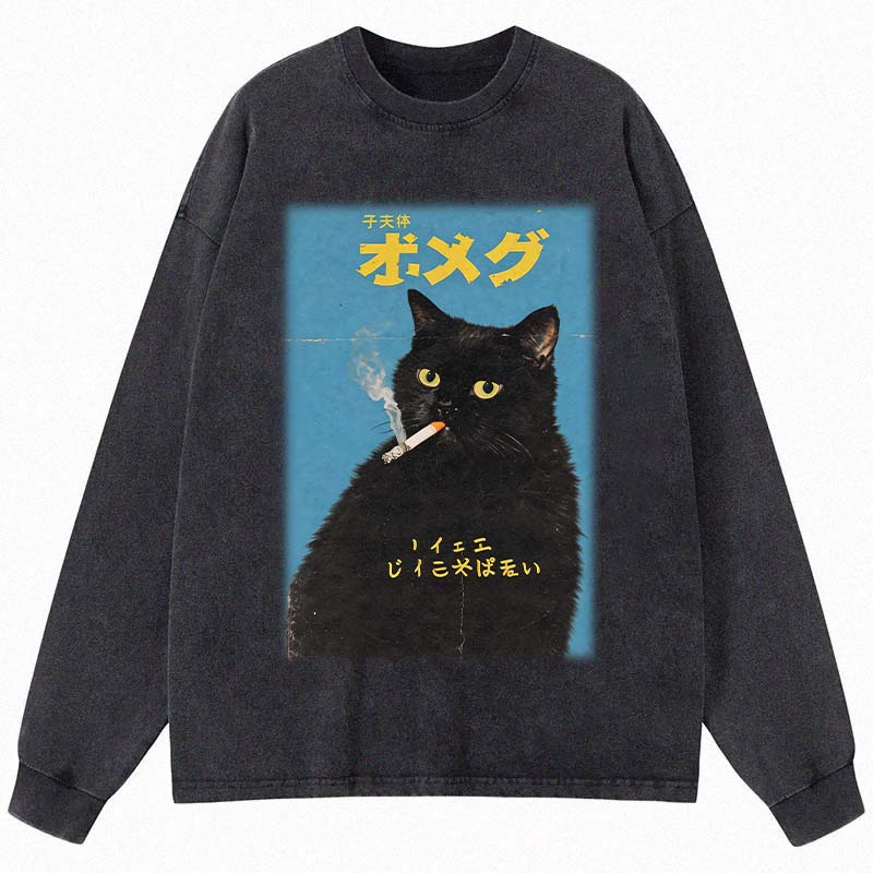 Tokyocanvas Vintage Japanese Smoking Black Cat Long Sleeve Washed T-Shirt